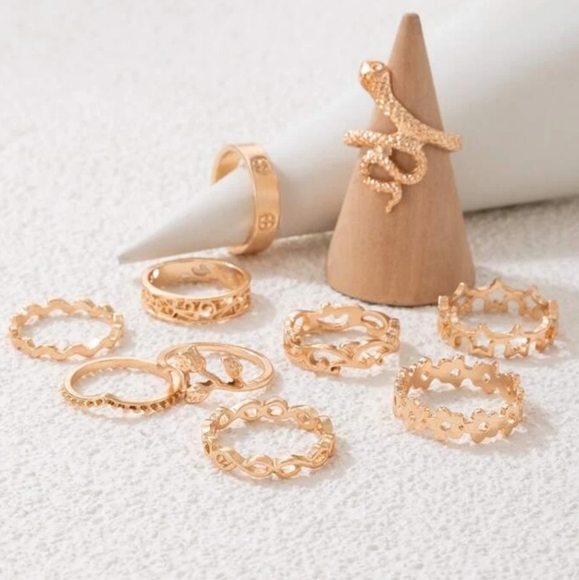 10 PIECE GOLD MIXED RING SET Sexy Luxury Rock Punk Funky - Picture 3 of 3